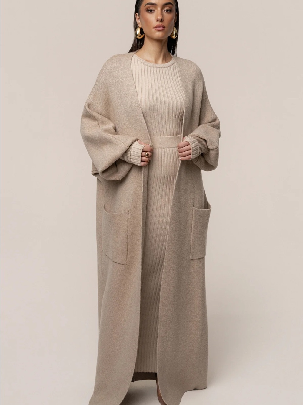 JLUXLABEL Long Open-Front Cardigan in Beige